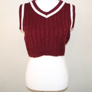 Romwe Women’s Burgundy Cable Knit Sleeveless Cropped Sweater Vest - Size Medium